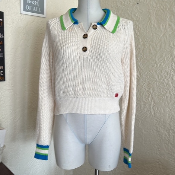 Urban Outfitters BDG Ivory Cropped Collared Taylor Sweater Green Blue Trim M - Picture 3 of 13